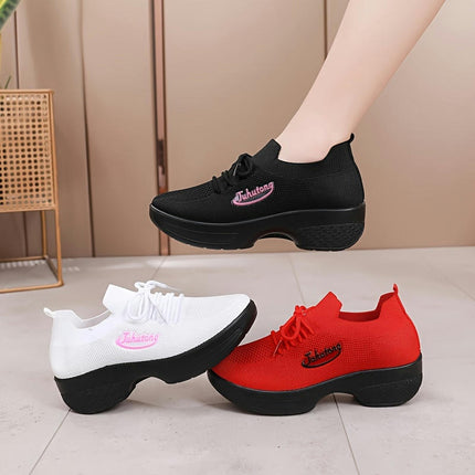 Women's Solid Color Knitted Sneakers, Lace Up Platform Soft Sole Letter Print Walking Shoes