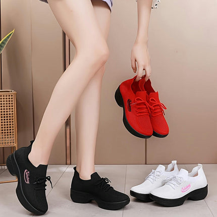 Women's Solid Color Knitted Sneakers, Lace Up Platform Soft Sole Letter Print Walking Shoes