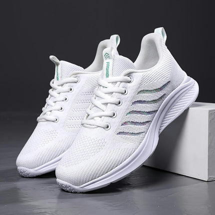 Women's White Striped Mesh Running Shoes, Breathable Lace Up Knitted Casual Sports Sneakers