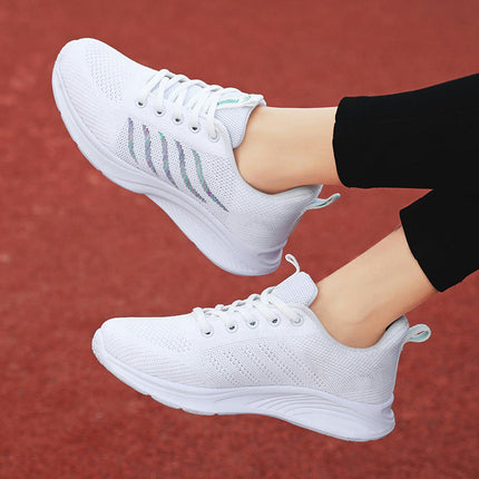 Women's White Striped Mesh Running Shoes, Breathable Lace Up Knitted Casual Sports Sneakers