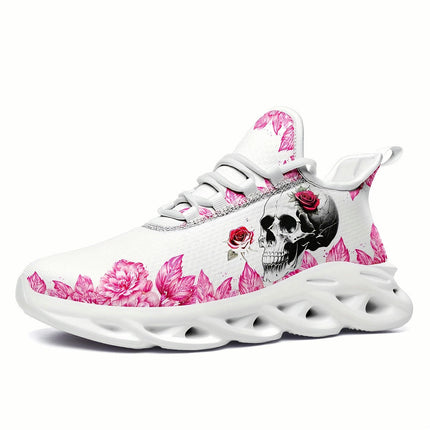 Skull & Rose Pattern Shock Absorption Sneakers,Lightweight Breathable Sport Shoes,Halloween Footwear