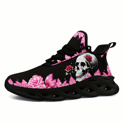 Skull & Rose Pattern Shock Absorption Sneakers,Lightweight Breathable Sport Shoes,Halloween Footwear