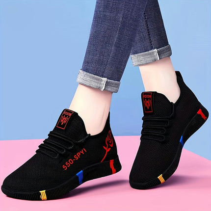 Breathable Women's Mesh Sneakers-Casual Non-Slip Walking Shoes with Letter & Rose Print