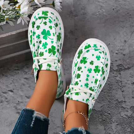 Women'S Casual Slip-On Canvas Sneakers, Round Toe Comfort Walking Shoes with Clover Pattern