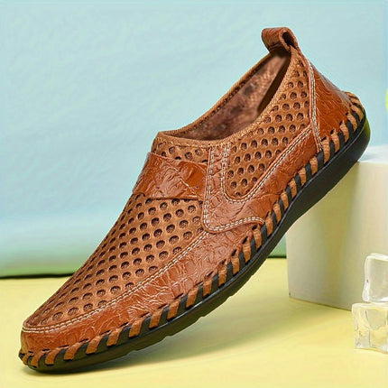 Men's Vintage Handmade Breathable Slip On Rubber Sole Shoes, Comfy Non Slip Durable Walking Shoes