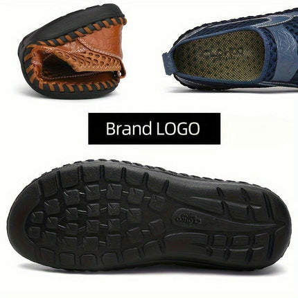 Men's Vintage Handmade Breathable Slip On Rubber Sole Shoes, Comfy Non Slip Durable Walking Shoes