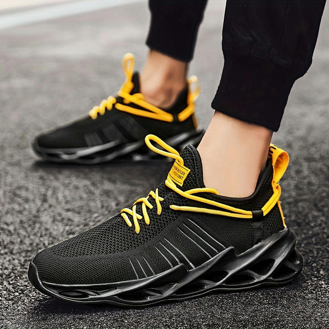 Men's Solid Color Blade Type Shoes, Lace Up Knit Sneakers, Casual Outdoor Walking Running Shoes