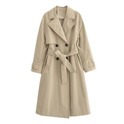 Women's Double Breasted Long Trench Coat Classic Lapel Slim Overcoat with Belt