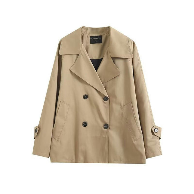 Women Crop Double Breasted Trench Coat Cropped Jacket with Pockets