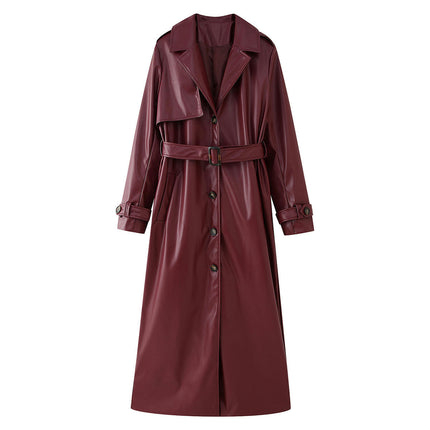 Women's Trench Coat Faux Leather Long Classic Motorcycle Jacket Lapel Belted Overcoat