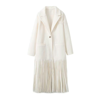 Women's Notch Lapel Button Long Outwear Fall Winter Tassel Coat