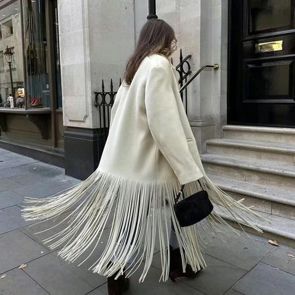 Women's Notch Lapel Button Long Outwear Fall Winter Tassel Coat