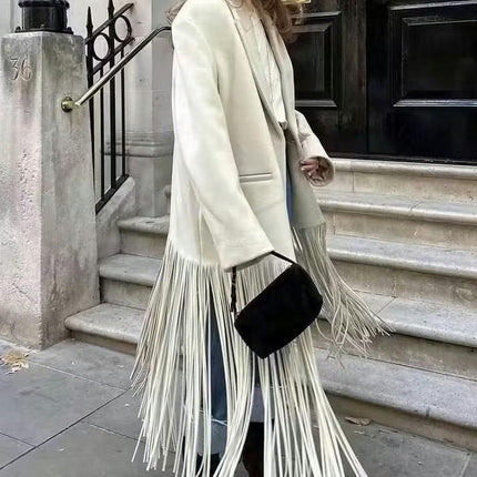 Women's Notch Lapel Button Long Outwear Fall Winter Tassel Coat