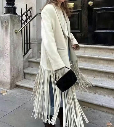 Women's Notch Lapel Button Long Outwear Fall Winter Tassel Coat