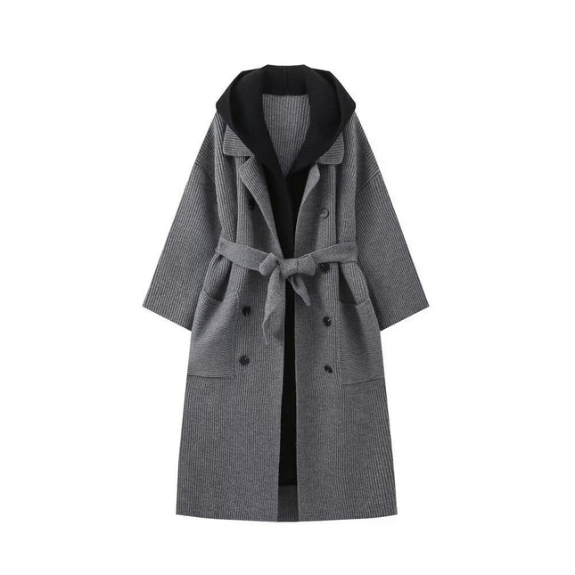 Long Hooded Cardigan Sweaters for Women Open Front Coatigan Lady Jacket Coat with Belt