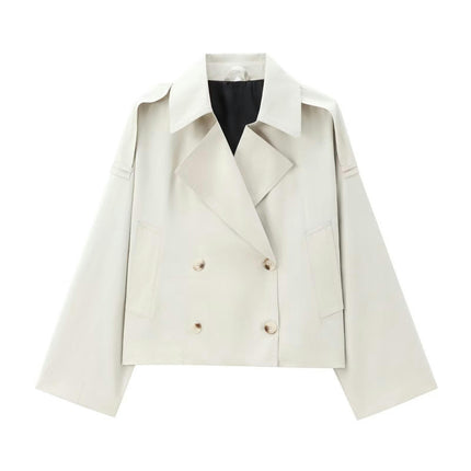 Womens Lapel Trench Coat Double Breasted Cropped Jacket Casual Outwear