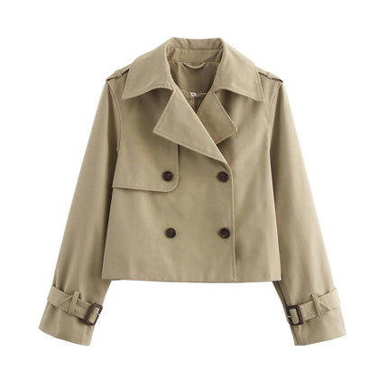 Womens Long Sleeve Crop Trench Coat Lapel Double Breasted Loose Casual Jacket