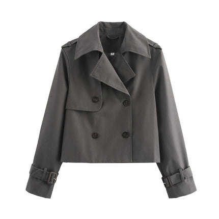 Womens Long Sleeve Crop Trench Coat Lapel Double Breasted Loose Casual Jacket