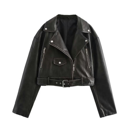 Women's Faux Leather Cropped Moto Jacket Zip-up Slim PU Biker Coat with Pockets