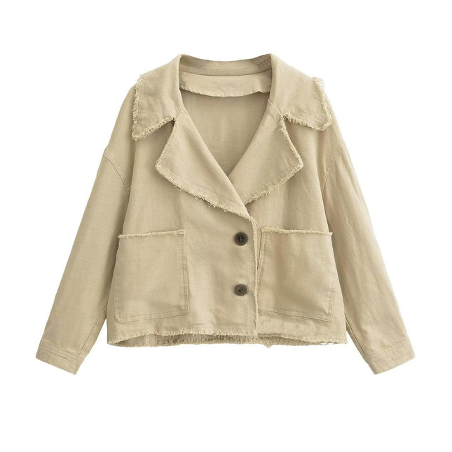 Women's Cropped Coat Notched Lapel Double Breasted Jacket with Pockets