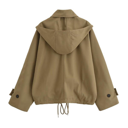 Womens Cropped Hooded Jacket Long Sleeve Button Down Casual Loose Fit Coats with Pockets