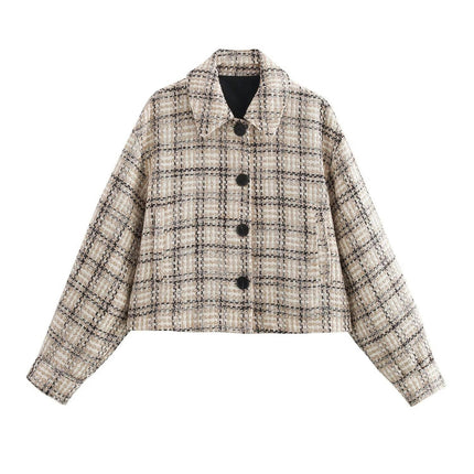 Womens Casual Tweed Plaid Shackets Jacket Button Down Cropped Coat