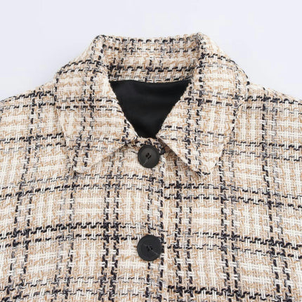 Womens Casual Tweed Plaid Shackets Jacket Button Down Cropped Coat