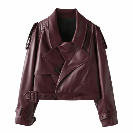 Faux Leather Jacket for Women Cropped Jackets Moto Biker Motocycle Coat