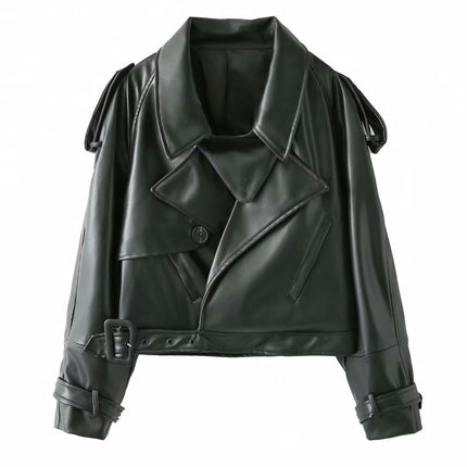 Faux Leather Jacket for Women Cropped Jackets Moto Biker Motocycle Coat