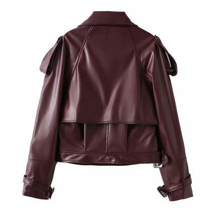 Faux Leather Jacket for Women Cropped Jackets Moto Biker Motocycle Coat