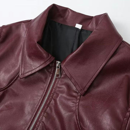 Womens Faux Leather Motorcycle Jacket Zip Up Cropped Fall Winter Coat