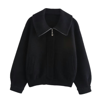 Women's Zip Up Cropped Sweater Jacket  Long Sleeve Lapel Outwear