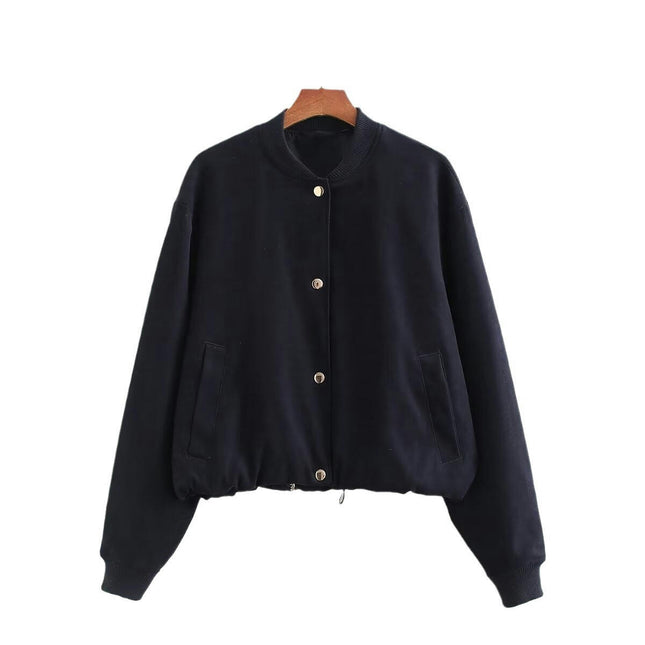 Women's Fashion Button Down Cropped Bomber Jacket with Pockets