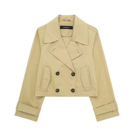 Womens Cropped Trench Coat Double Breasted Notched Lapel Jacket