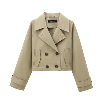 Womens Cropped Trench Coat Double Breasted Notched Lapel Jacket