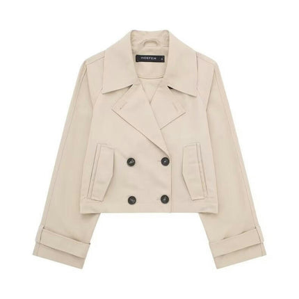 Womens Cropped Trench Coat Double Breasted Notched Lapel Jacket