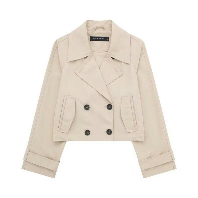 Womens Cropped Trench Coat Double Breasted Notched Lapel Jacket