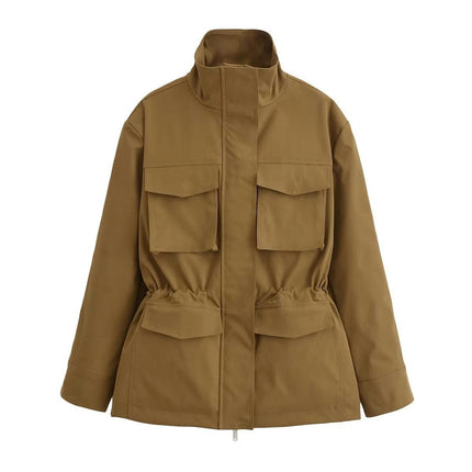 Women's Casual Trench Jacket Zip Up Stand Collar Outerwear with Pockets