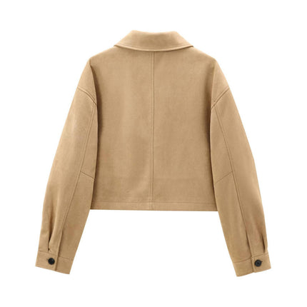 Women Fashion Cropped Button Down Faux Suede Jackets Casual Long Sleeve Crop Coat