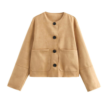 Women Cropped Faux Suede Jacket Crew Neck Long Sleeve Button Down Coats