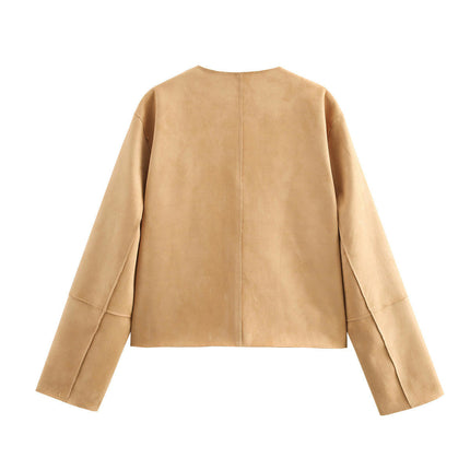 Women Cropped Faux Suede Jacket Crew Neck Long Sleeve Button Down Coats