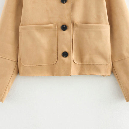 Women Cropped Faux Suede Jacket Crew Neck Long Sleeve Button Down Coats