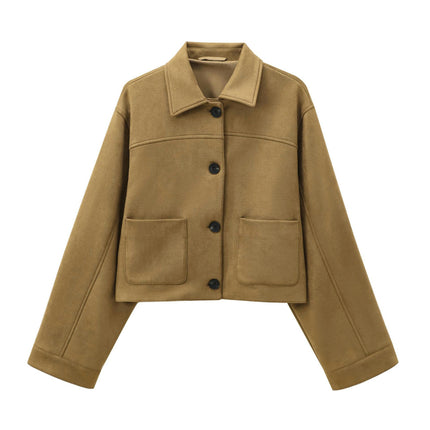 Faux Suede Jacket for Women Cropped Button-Up Collar Coat Outerwear