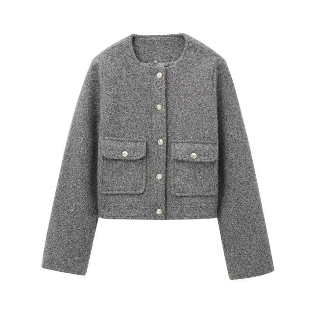 Women's Crew Neck Wool Blend Jackets Button Down Casual Cropped Coat with Pockets