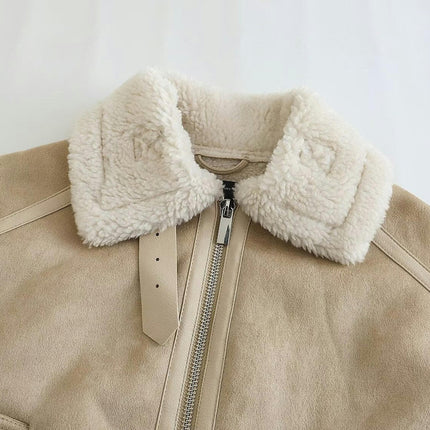 Women's Winter Lapel Collar Faux Suede Coat Long Sleeve Jacket Short Warm Fuzzy Lined Outwear