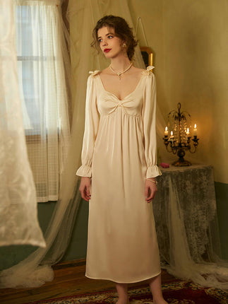 Women's Imitation Silk Long Nightdress-Princess Style Long Sleeve Home Clothes Nightdress