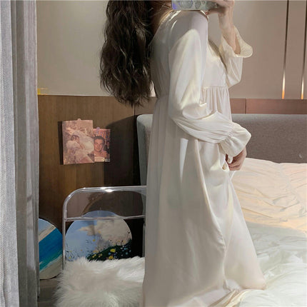 Women's Imitation Silk Long Nightdress-Princess Style Long Sleeve Home Clothes Nightdress