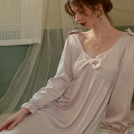 Women's Imitation Silk Long Nightdress-Princess Style Long Sleeve Home Clothes Nightdress