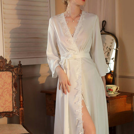 Womens Imitation Silk Long Satin Pure Color Bathrobe Kimono Nightgown Long Dress Gown