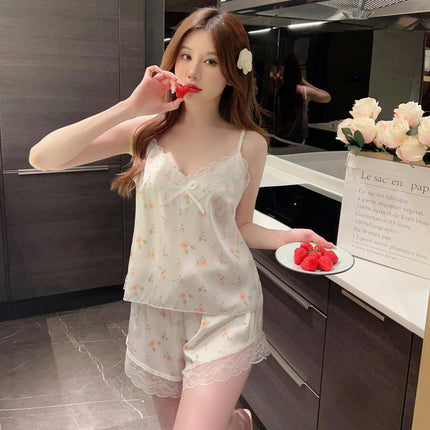 Women's Imitation Satin Nightgown Sexy Lace Nightgown Underwear Suspender Shorts Set